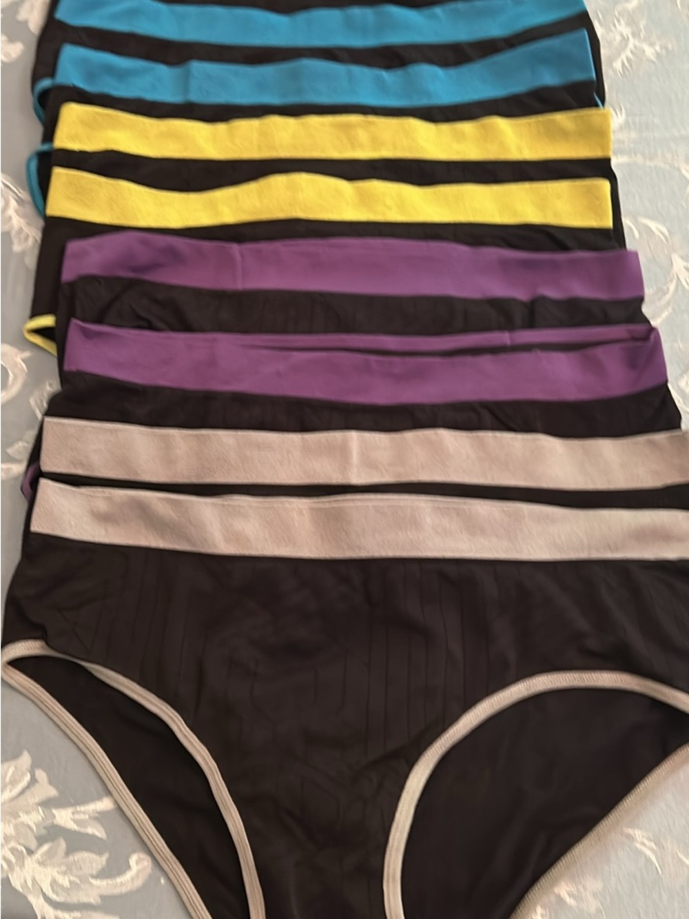 Women’s bikini undies Black with Blue/Yellow/Purple/Tan Bands